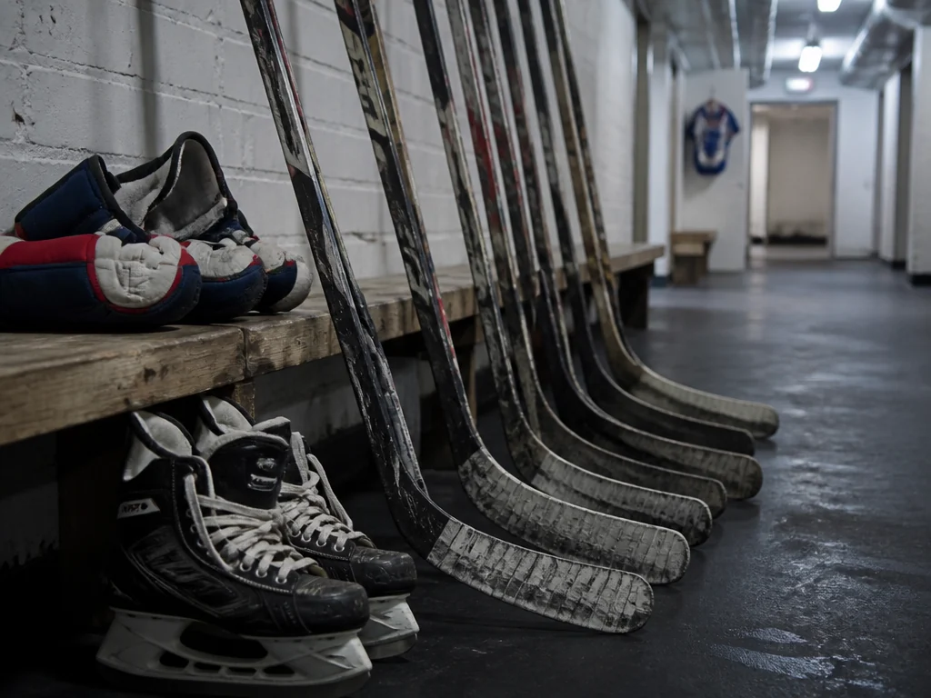Hockeyklubbor och skridskor uppradade i ett omklädningsrum inför träning