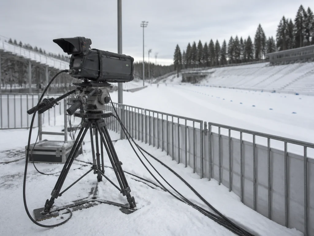 Tv-produktionsutrustning och kablar vid sidan av en snötäckt tävlingsbacke