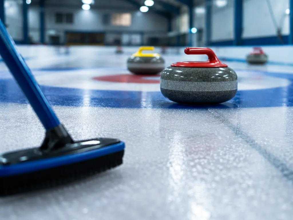 Curlingstenar på isen framför boet i en curlinghall, med en curlingborste i förgrunden