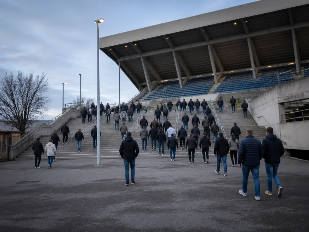 Tomma ingångar och trappor på en svensk fotbollsarena inför matchdag