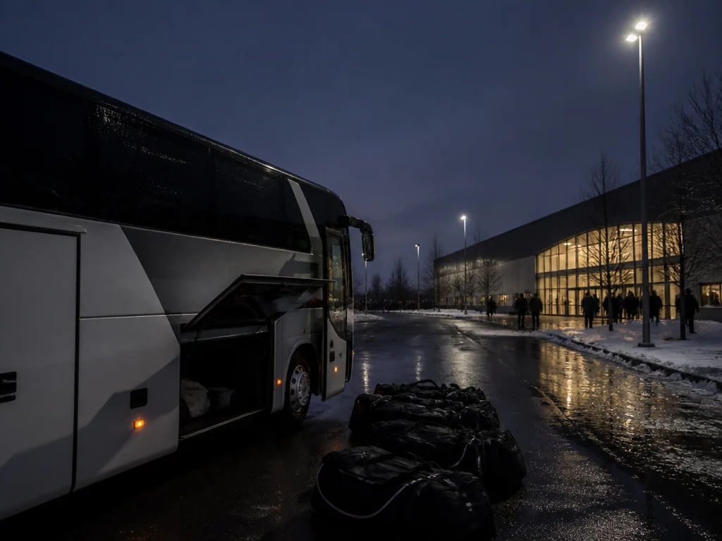 Sporthall med tom parkering och en lagbuss inför en bortamatch i handboll