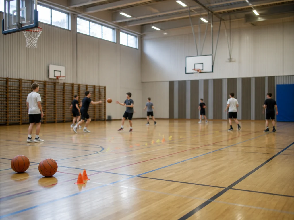 Ungdomar tränar basket i en skolgymnastiksal med basketplan uppmarkerad