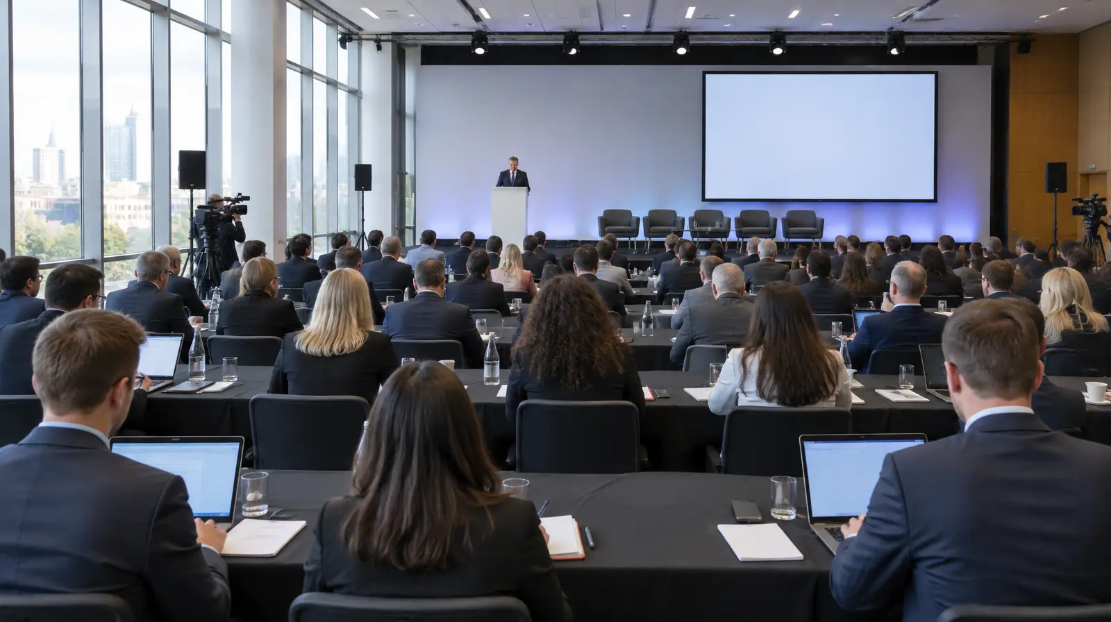 Pressmöte i en konferenssal med rader av journalister och ett podium i bakgrunden