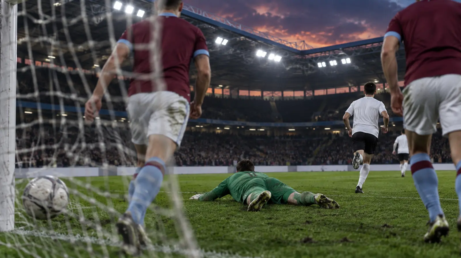 Bollen i nät bakom målvakten på en engelsk arena i kvällsljus