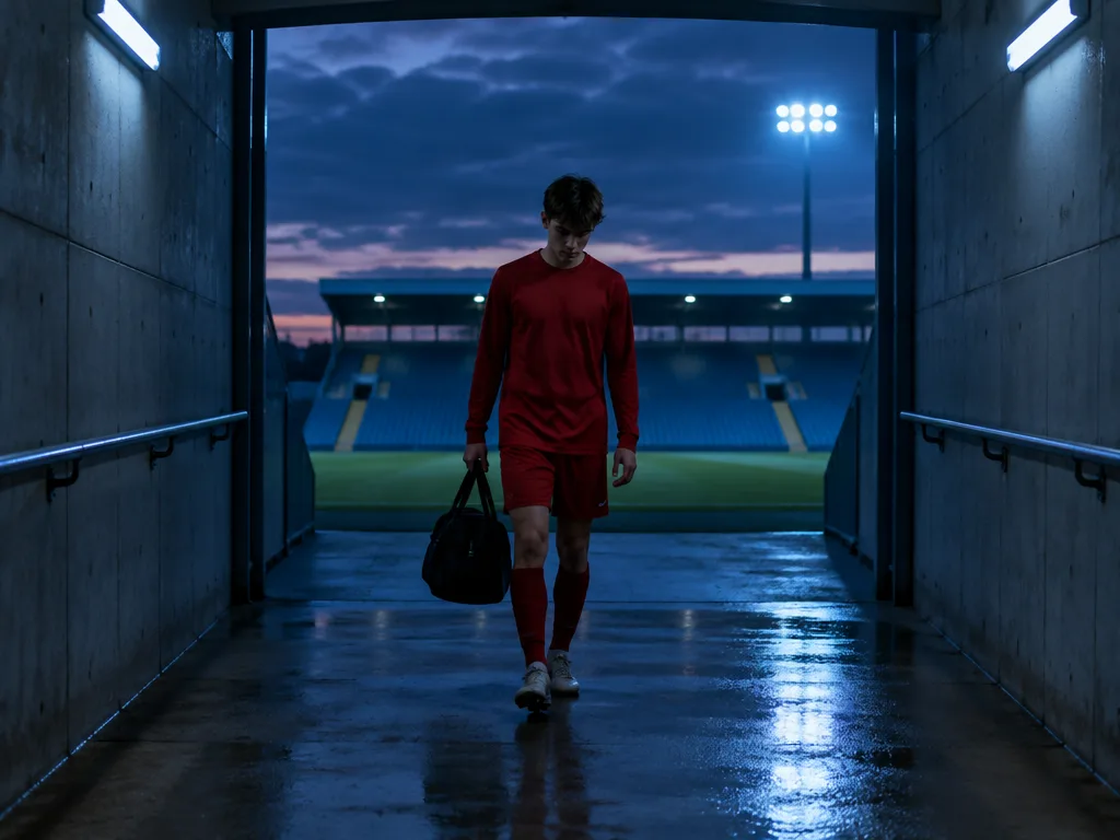 Ung fotbollsspelare i röd träningströja går genom en tunnel med en väska bredvid sig i skymningen