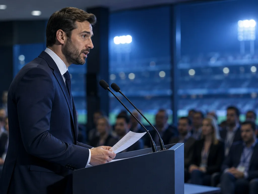 En talesperson läser upp ett uttalande vid en presskonferens med mikrofoner och dokument