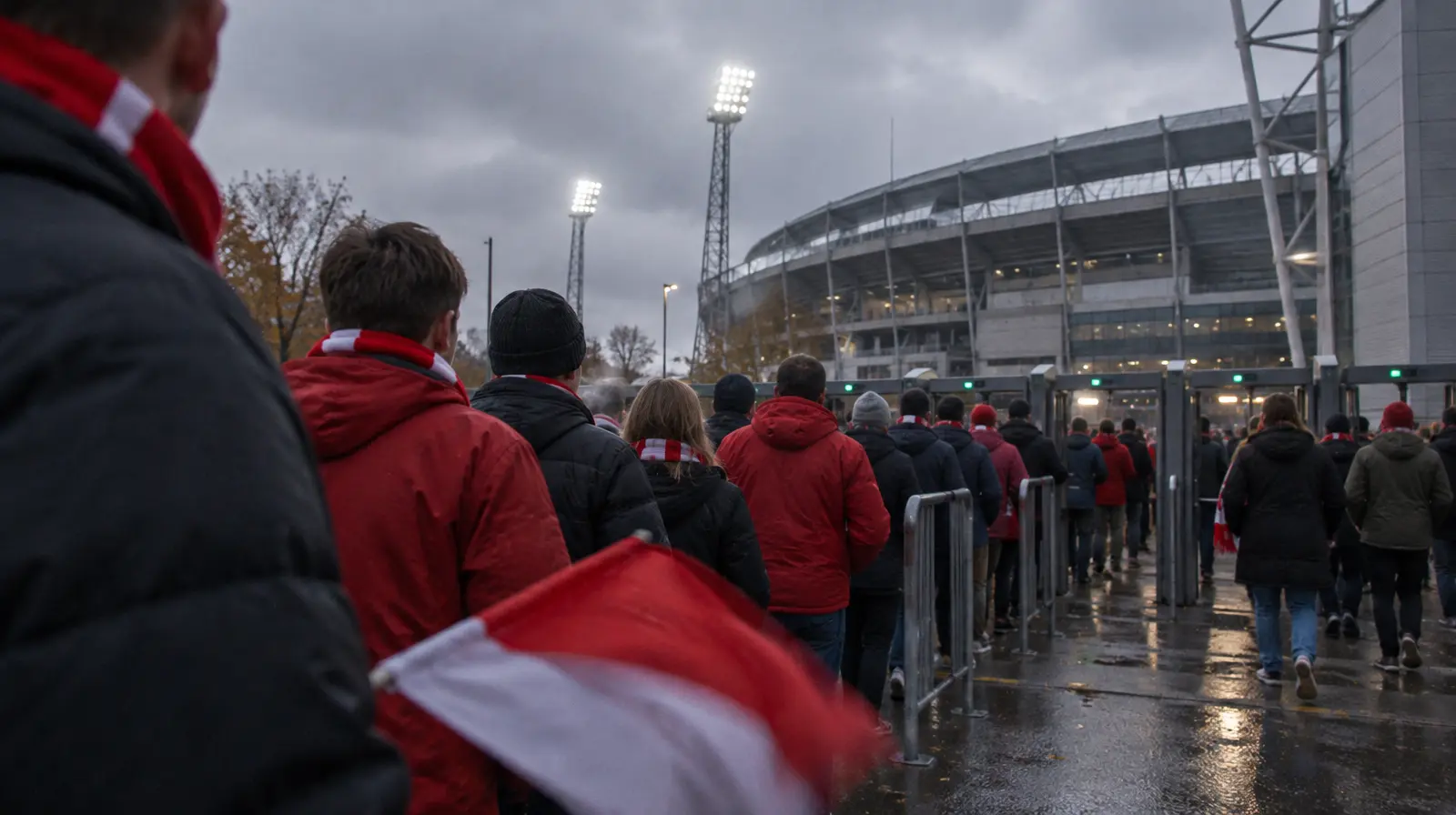 Supportrar köar vid vändkorsen utanför en arena en grå höstdag