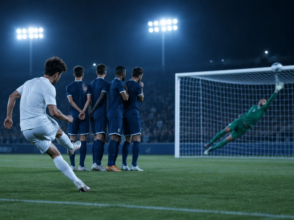 Ung spelare i vit bortatröja skruvar in en frispark i krysset under en kvällsmatch