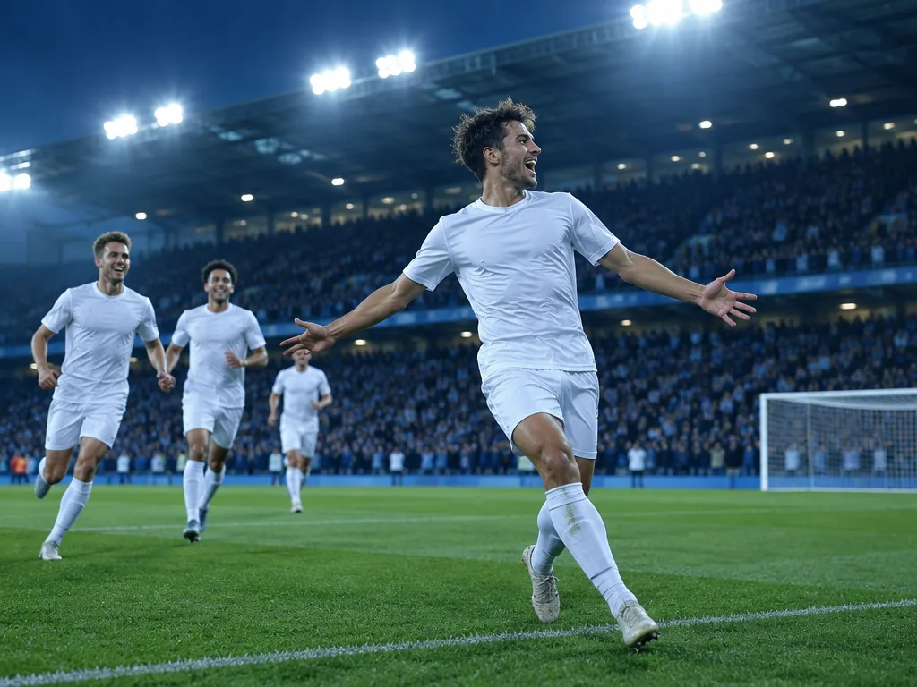 Spelare i vit matchtröja jublar efter avgörande mål i tomt mål under kvällsmatch